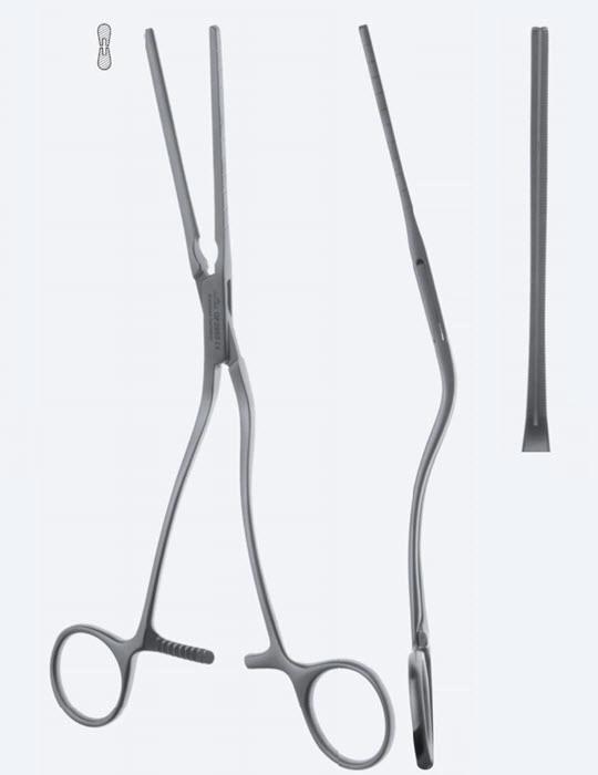 Зажими судинні, "Cooley", для клубової кістки, для аорти, зубці "Cooley", з вигнутою ручкою, прямі, довжина 220 мм. Бренд - Asanus Medizintechnik Gmb, Німеччина